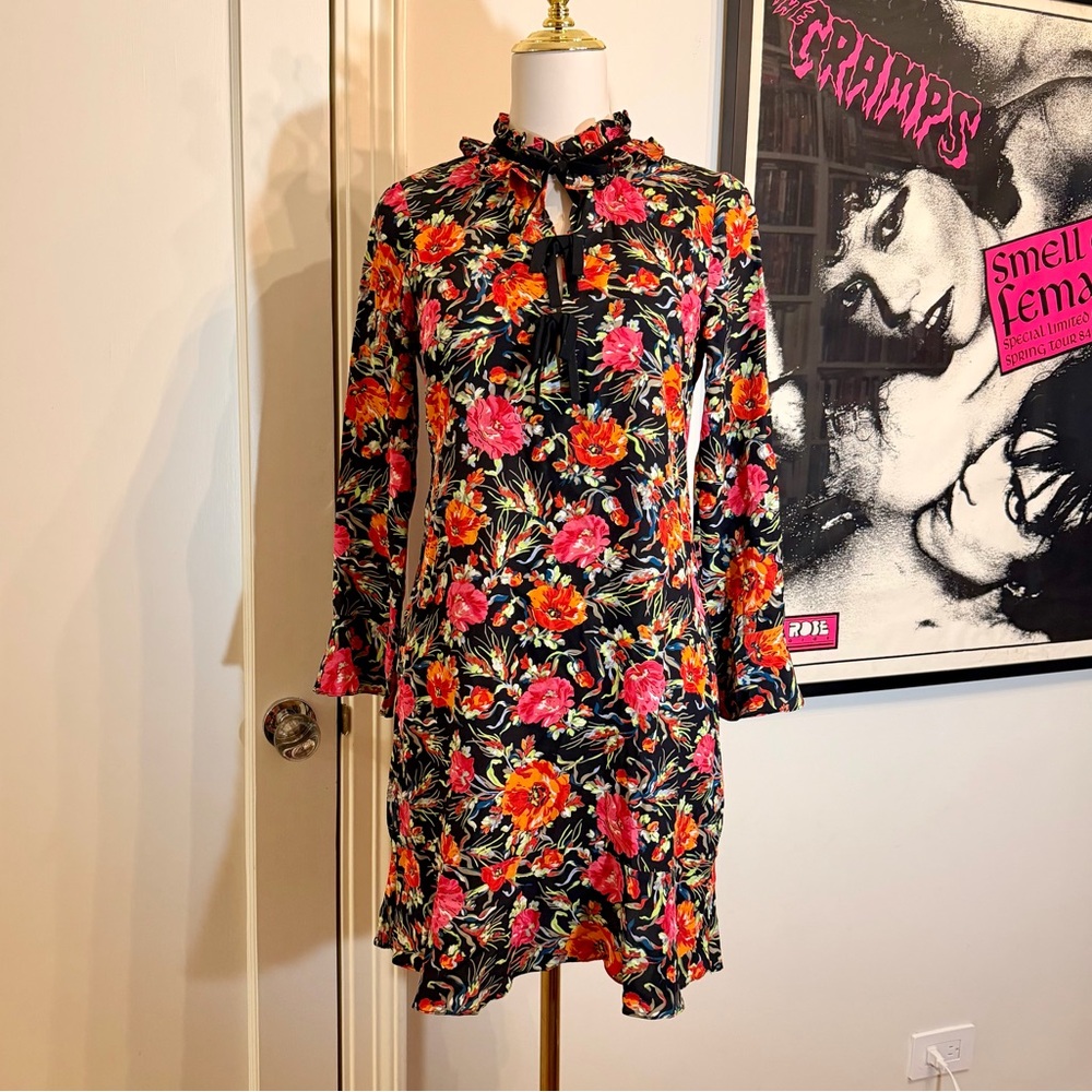 Valentine’s Day! Sandro Paris Doreen Mini Dress 100% Silk Dark Floral Size Small - Picture 2 of 9